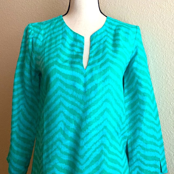 LILLY PULITZER GREEN AND BLUE CHEVRON LINEN LONG SLEEVE TUNIC COVERUP TOP - Picture 4 of 8